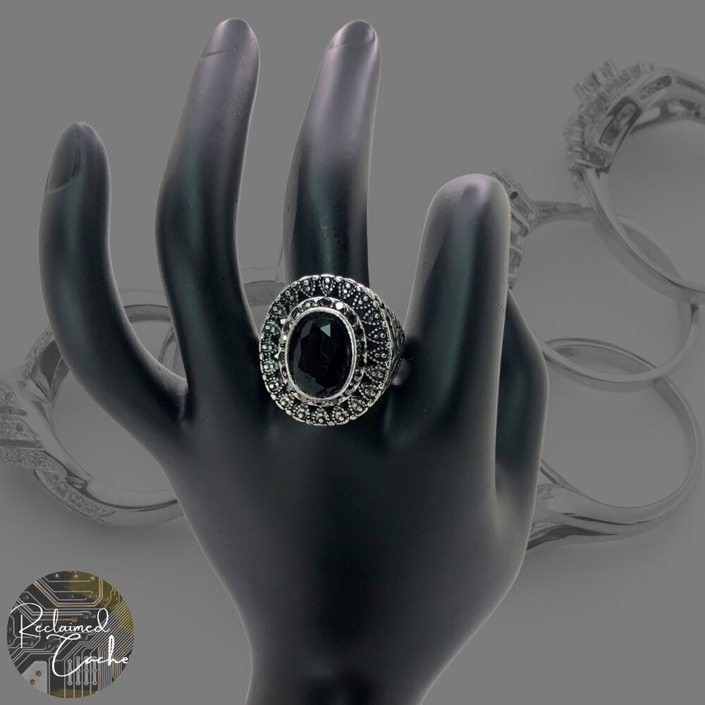 Silver and Black Rhinestone Statement Ring - Size 10